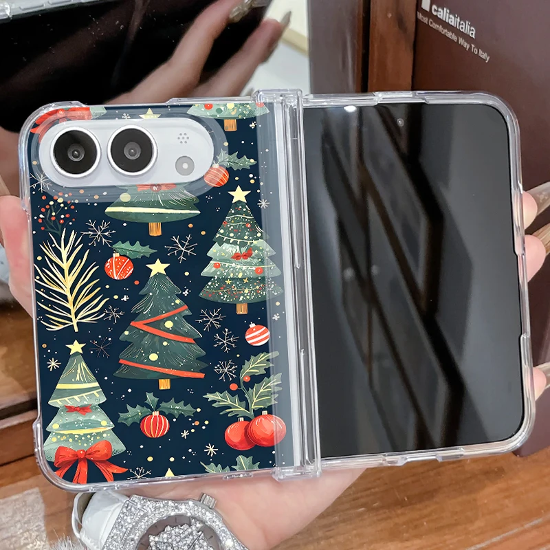 Coque de téléphone à motif de sapin de Noël pour iPhone Duo, transparente, pliable, avec protection renforcée en acrylique, protection des charnières et coque rigide en polycarbonate.