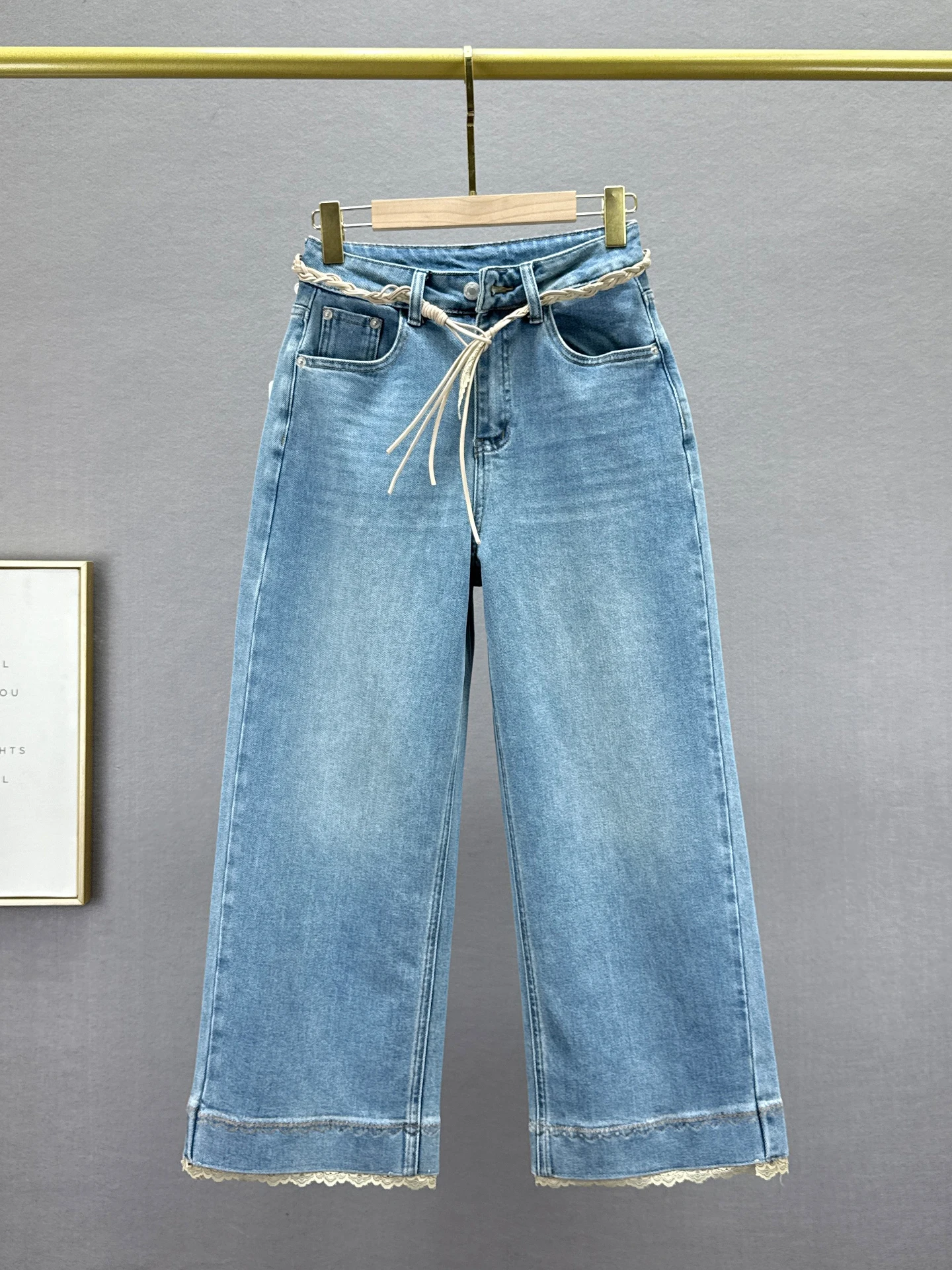 

High Waist Loose Fit Nine-Tenths Jeans Women's Spring 2026 New Sle Lace Splicing Straight Leg Soft Comfortable Cotton Denim