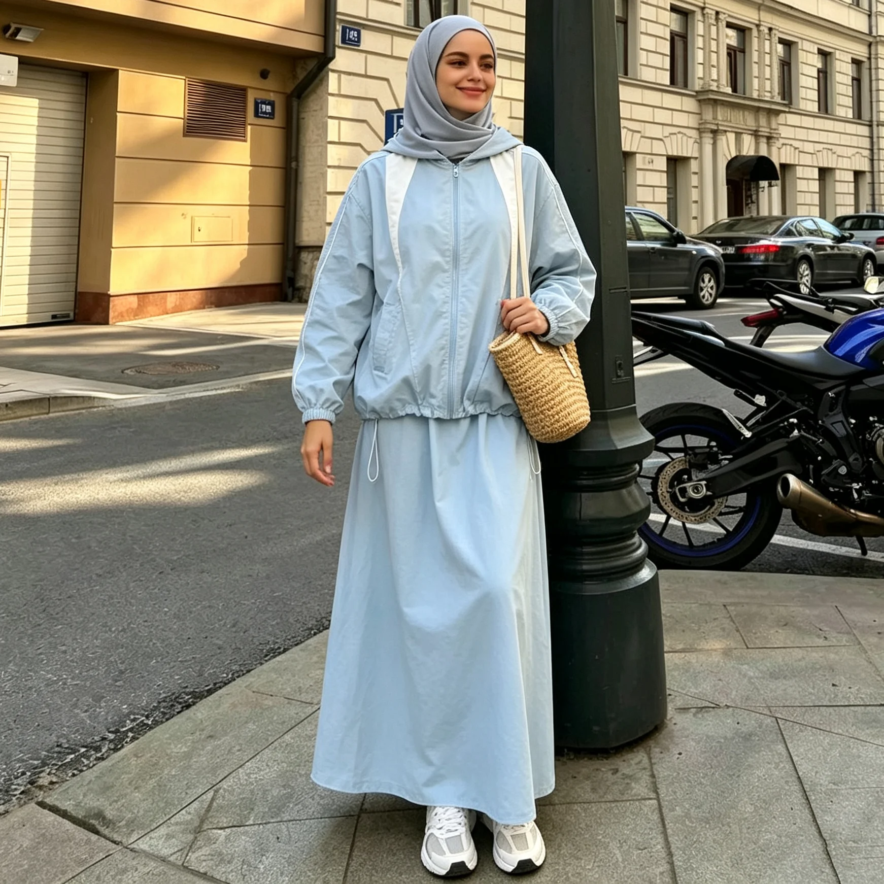 RU 2026 Autumn Winter Tracksuit Color Contrast Zip Jacket Floor Length Maxi Skirt Casual Two Piece Set For Women