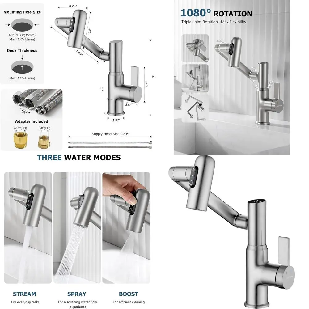 

Touchless Temperature-Display Faucet in Fahrenheit, 3 Spray Modes, Brushed Nickel, Battery-Free