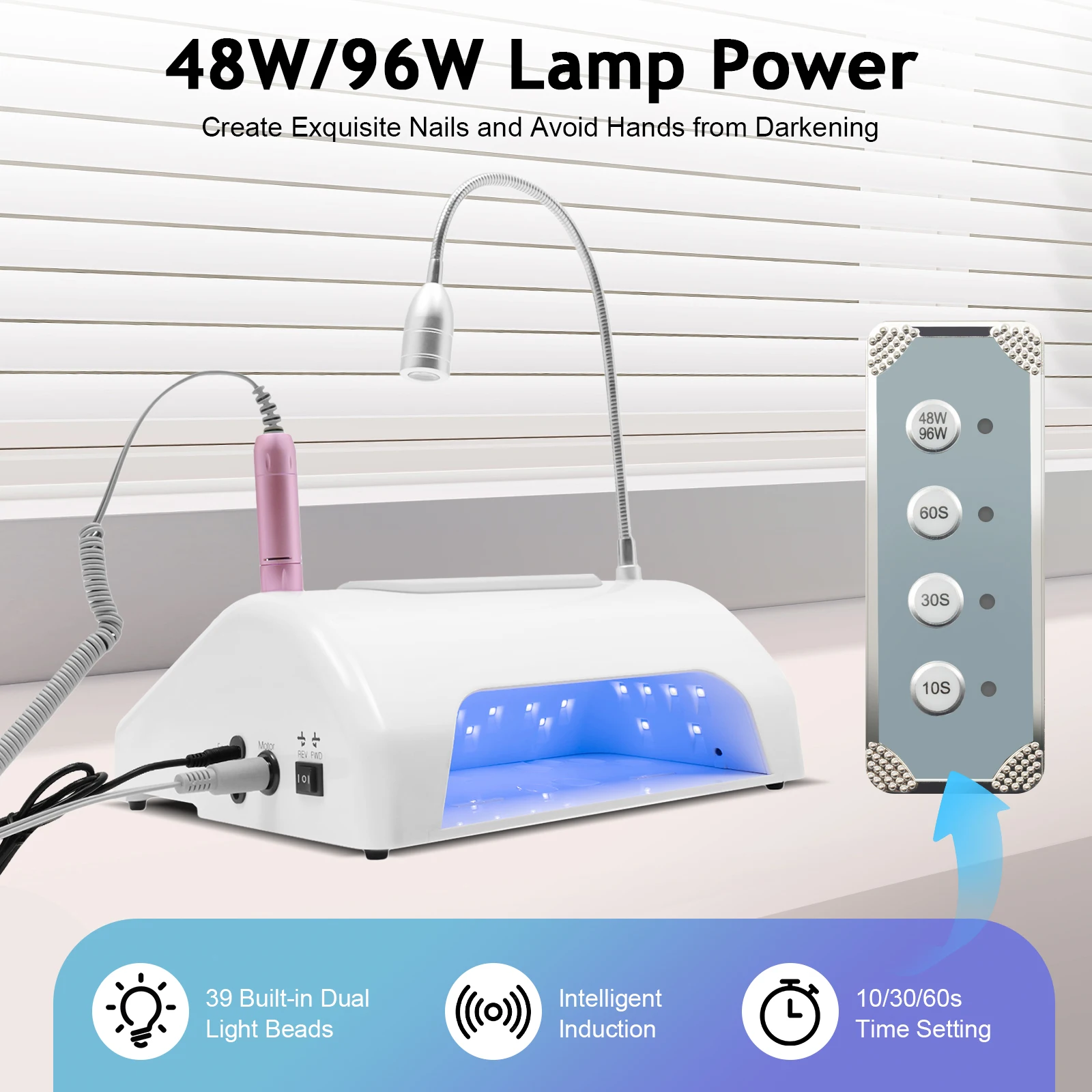 5-in-1 Electric Nail Drill Machine,UV/LED Curing Lamp + 3000RPM Polisher + Dust Sucker + LED Desk Light + Hand Pad