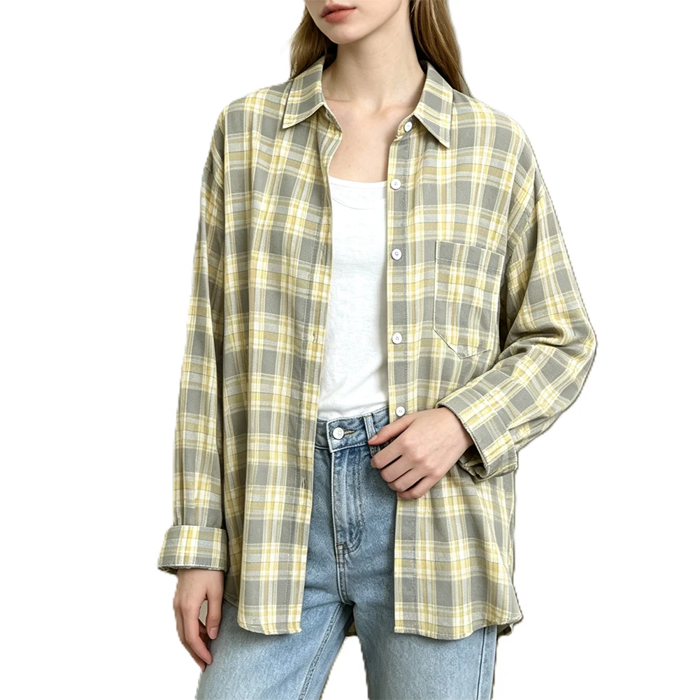 Polyester Vacation Outerwear Women Plaid Shirt Coat Medium Elasticity Fabric Fashion Style Design New Condition Item
