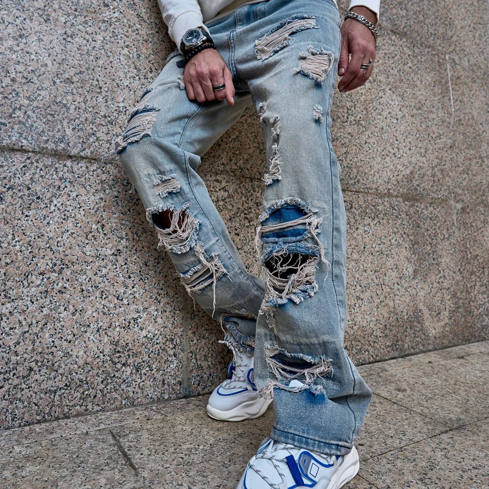 

Stylish vintage Loose Men Ripped Straight Jeans Men's Trousers Hip hop Male Holes Solid Motorcycle Casual Denim Pants