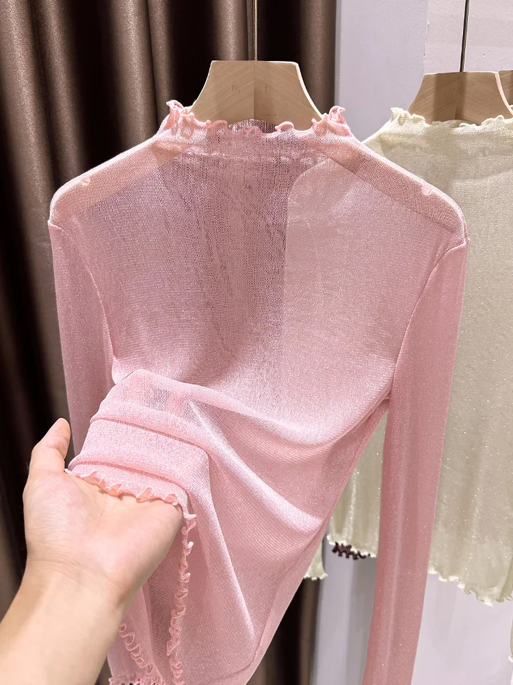 

Silver Tead Lace Base irt Women Spring New Sle Wooden Ear Overlap Wear Thin Me Net Sve Long Pure Color
