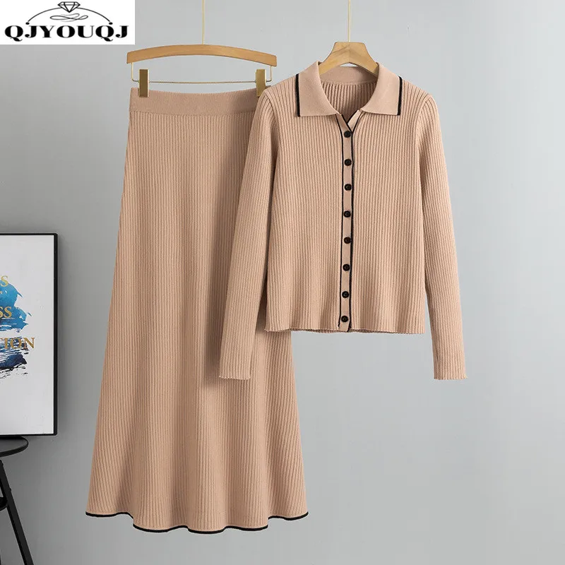 

Autumn and Winter Korean Edition New Knitted Polo Collar Top+Slimming Skirt Two Piece Set