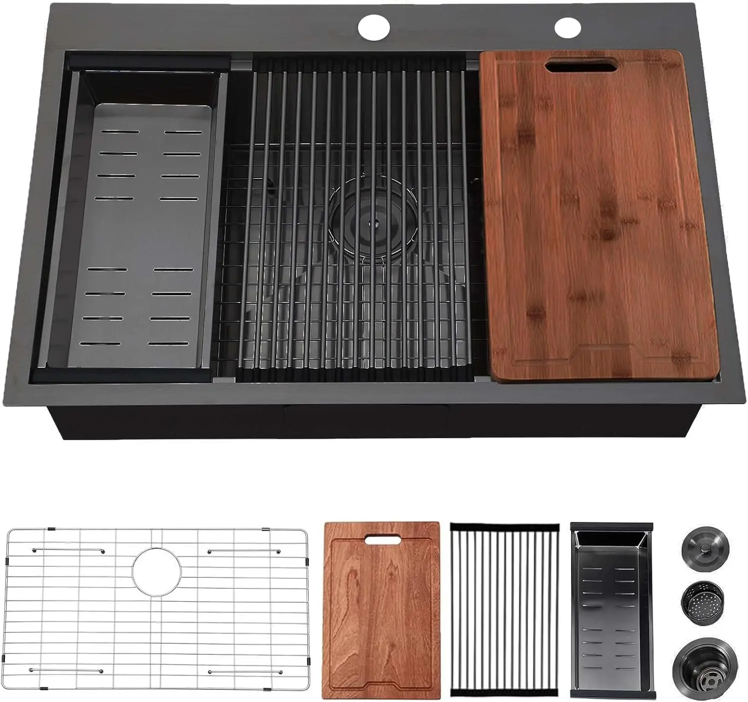 

33 Inch Black Drop-In Kitchen Sink, 16 Gauge Stainless Steel Single Bowl, 9' Deep, Topmount Ledge Workstation with Accessories