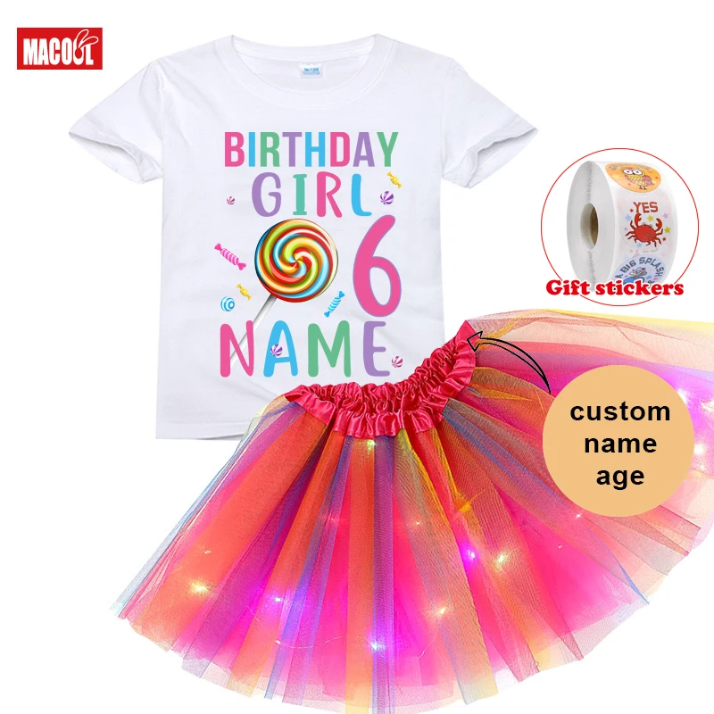 Lollipop Candy Birthday Party Outfits Girls Birthday Outfit Custom Name Dress 3PC Kids T-shirt+Girls\' Skirt+Children\'s Stickers