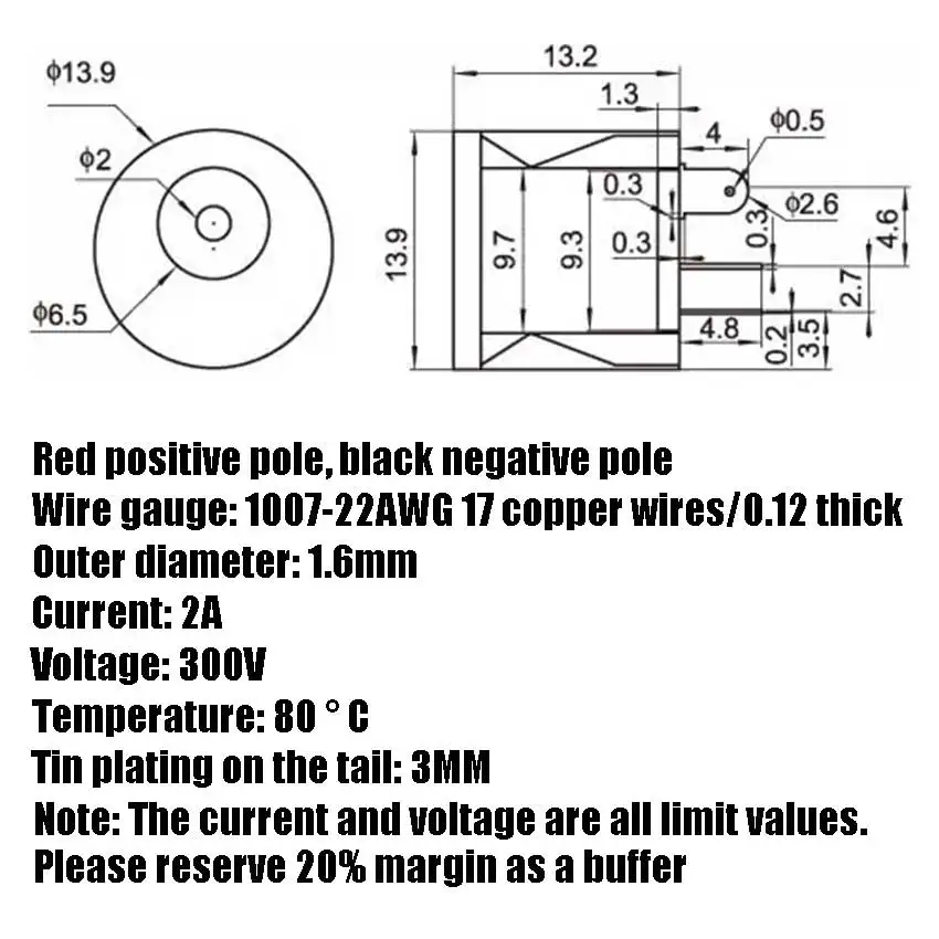 5pcs 5.5*2.1mm 5.5x2.5mm Circular Snap Fit DC Power Jack Socket Female Panel Mount Connector Charging Port With 20cm DIY Cable