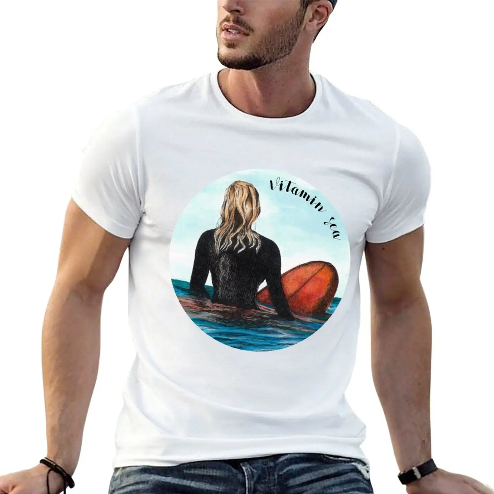 Naranja con niña casual t Rubio 100% camisas Mar en camiseta camisa azul Vitamina t hombre surfista - tabla de surf de algodón agua