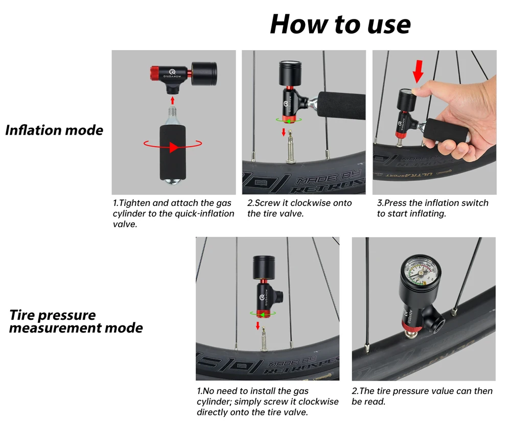 Fahrrad-CO2-Pumpe, Mini, tragbar, handbetrieben, schnelle Reifenpumpe mit Manometer für MTB- und Rennräder, passend für Schrader- und Presta-Ventile – Detail 6