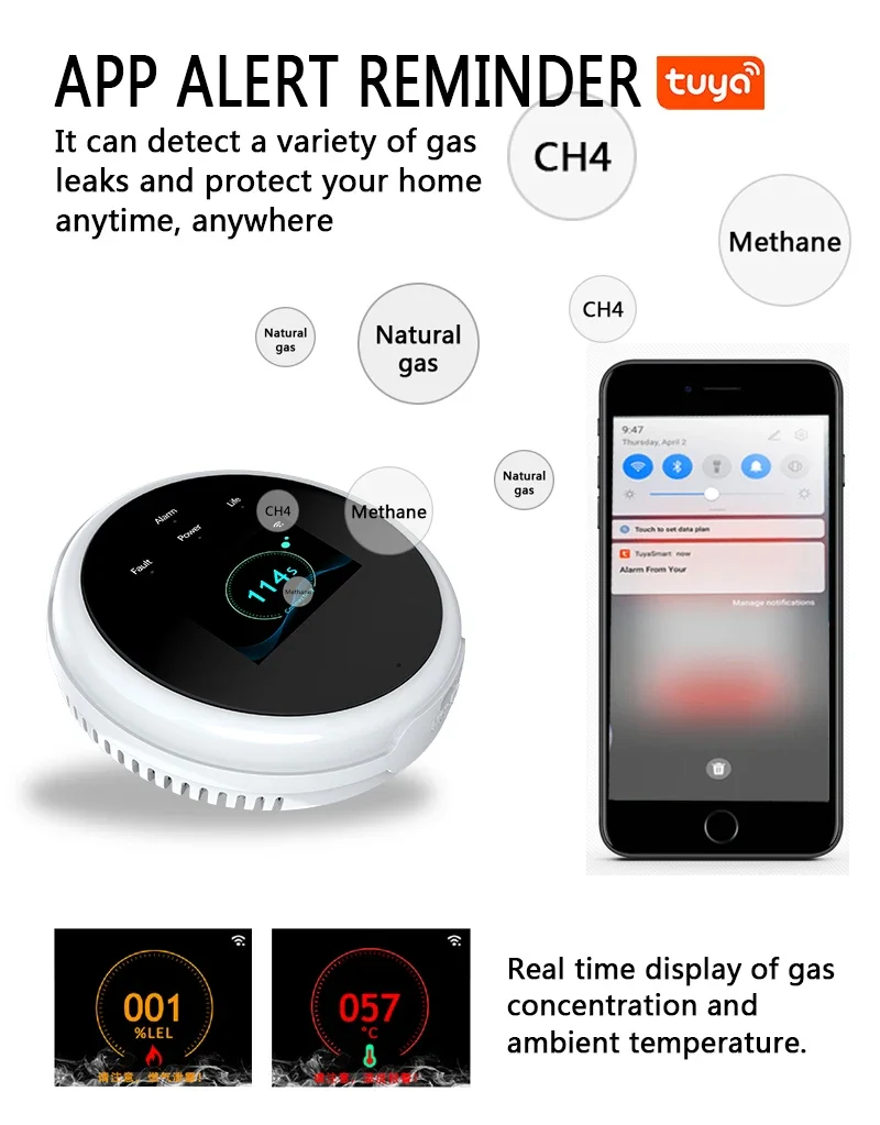 Tuya Wifi Natural Gas Leakage Detector Sensor Smart Alarm Gas Fire Security Digital LED Temperature Display for Home Kitchen