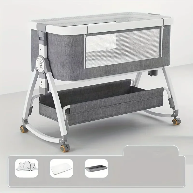 Baby Crib, Portable Splicing, Cradle Bed, Foldable Height Adjustable Splicing, and Movable Bedside Swing, Cradle Bed