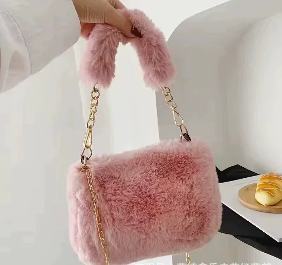 Plush Faux Fur Tote Bag for Women Winter Shoulder bag Casual Fluffy Crossbody Bags Fashion Chain Handbags Girls Soft Purse сумка