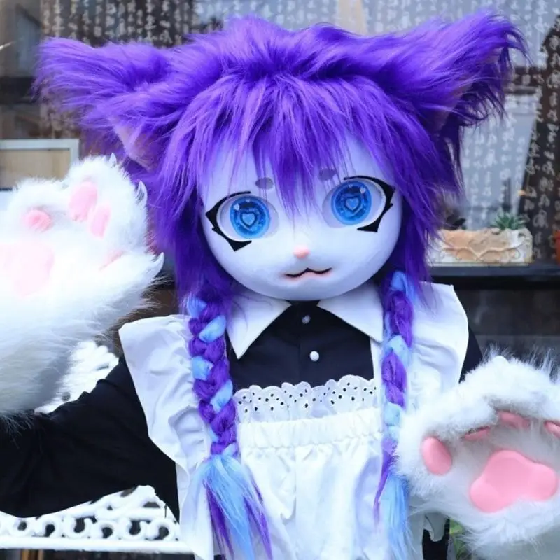 Máscara gatos pelúcia rosto inteiro com acessório roleplay detalhes realistas para fantasias e performances