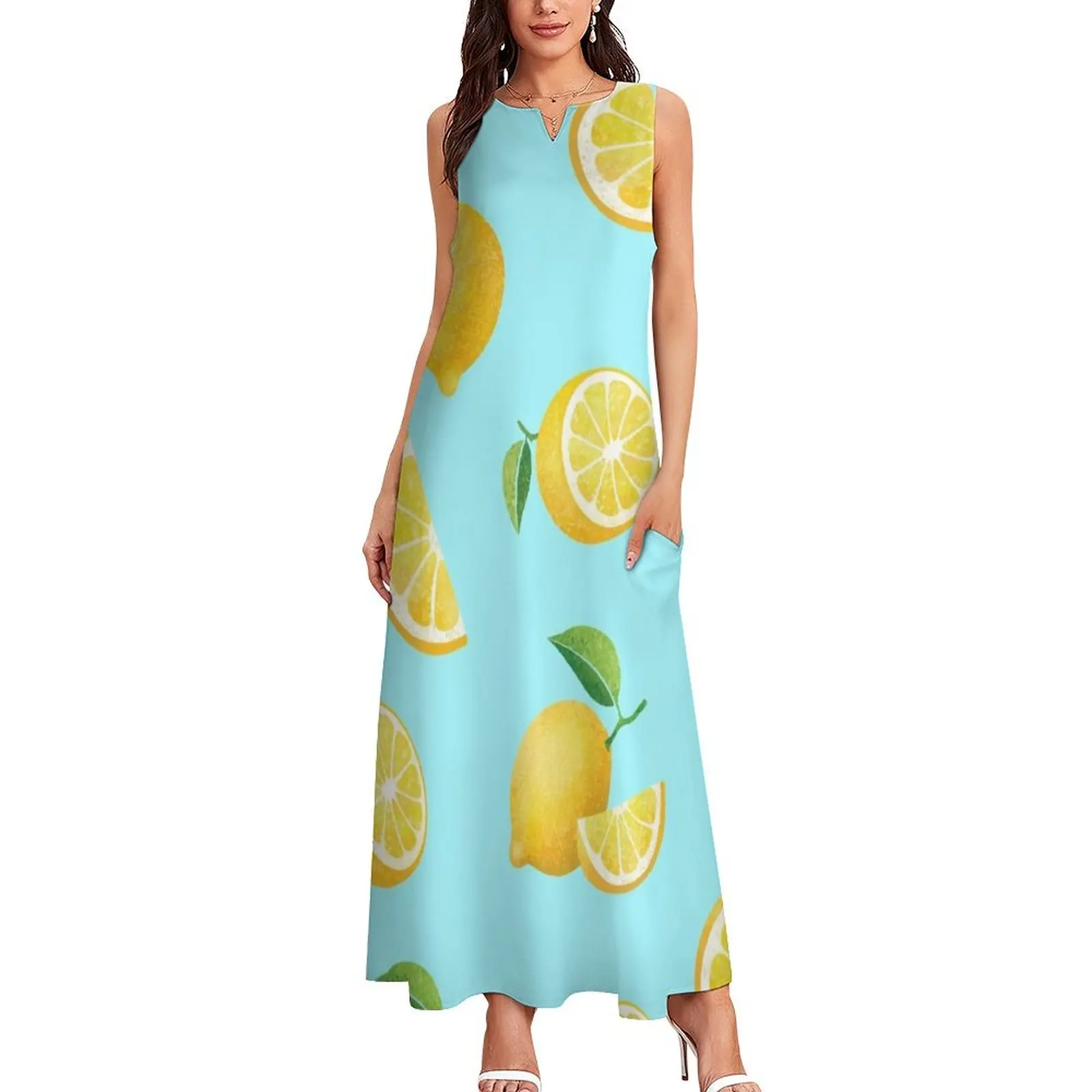 Lemons on Blue Long Dress ladies dresses for women 2024 women