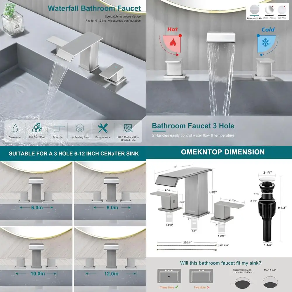 

8 Смеситель для раковины из матового никеля с 3 отверстиями, переливом, водопадом и выдвижным сливом, сертифицированным CUPC