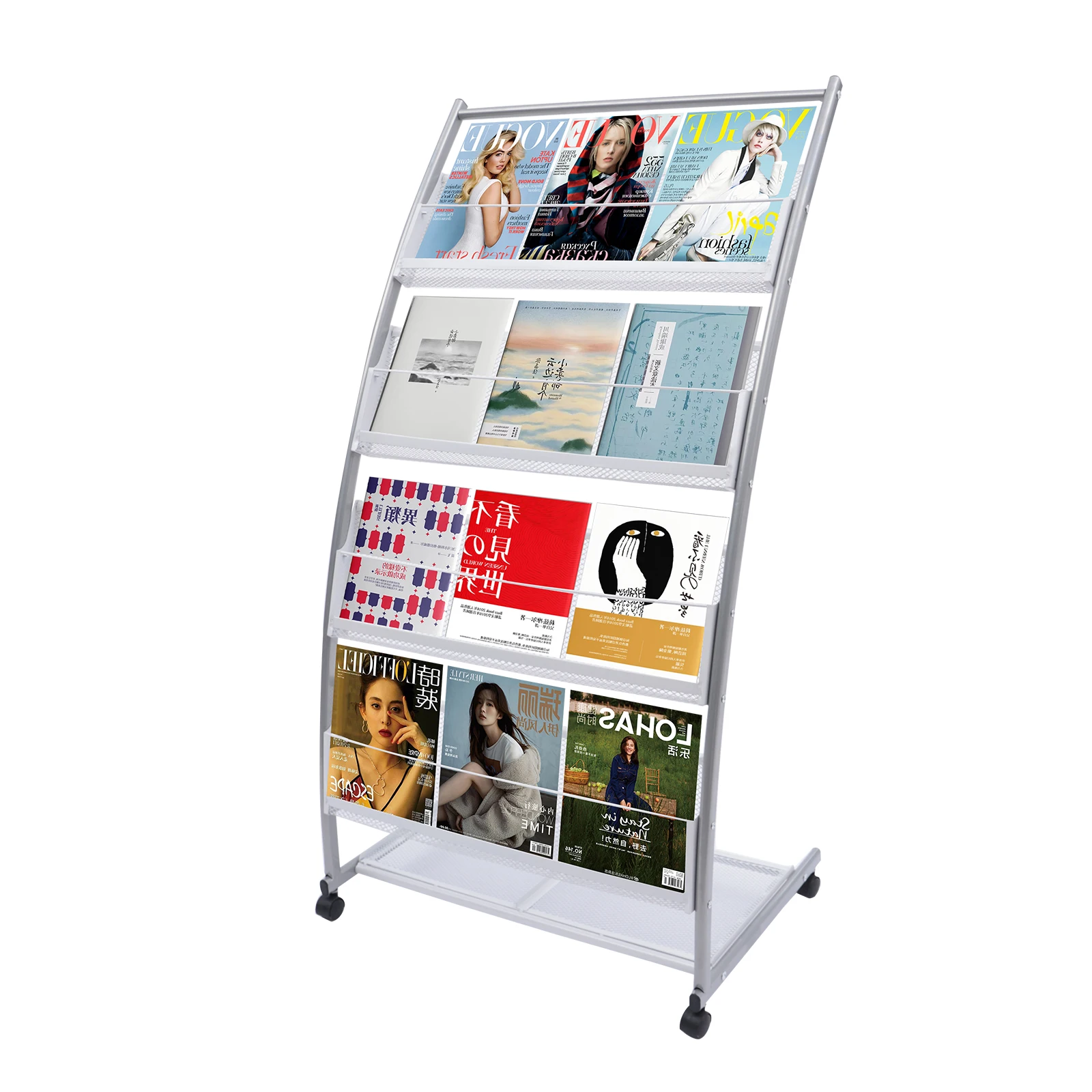 Four-tier Floor-Standing Magazine Rack with Universal Wheels Multi-level Storage Newspaper Display Rack