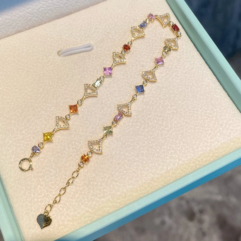 Aazuo Original 18K Yellow Gold Natrual Color Sapphire Real Diamond Rainbow Bracelet For Woman Upscale Trendy Engagement Party
