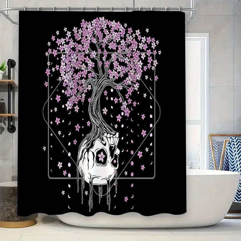

Gothic Skull Cherry Blossom Shower Curtain Dark Floral Macabre Halloween Decor Washable Bathroom Set Vintage Spooky Art