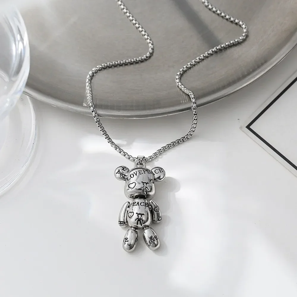 Fashion Trend Engraved Alphabet Bear Pendant Cute Animal Necklace Mens Womens Charm Hip Hop Party Street Jewelry Gifts - Image 3