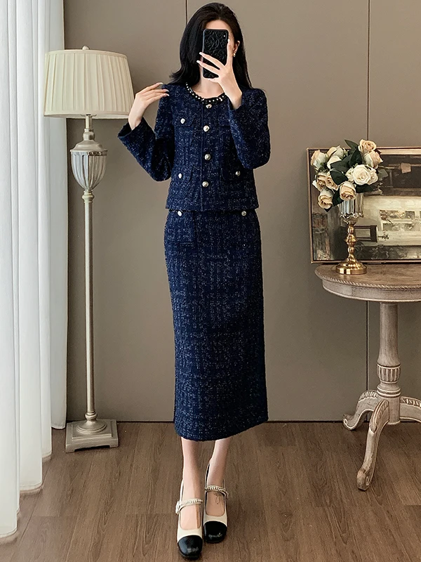 

Elegant Fashioned Women's Two-Piece Set Autumn New Style Small Fragrance Wind Open Cardigan Top Half-Skirt Midi Skirt