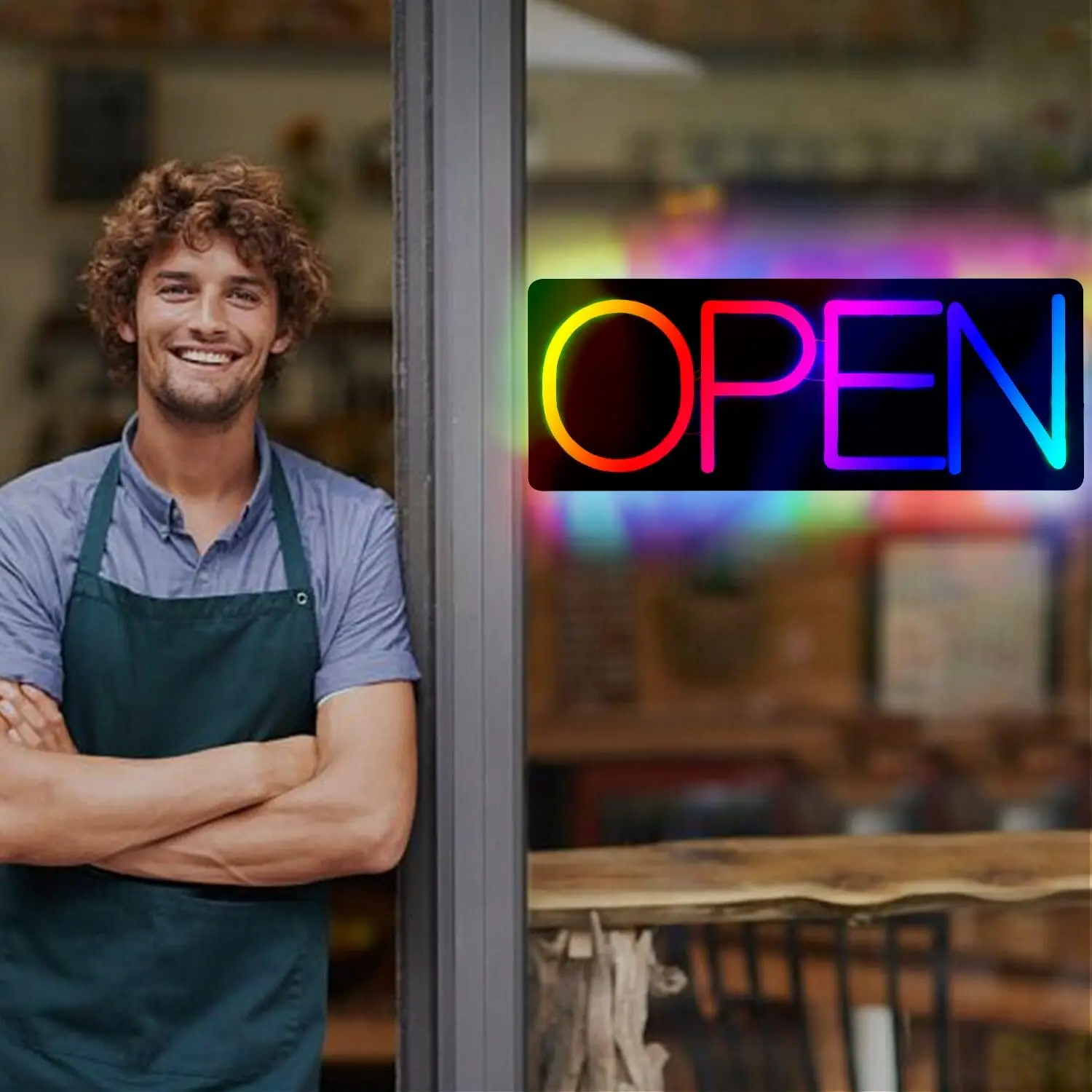 Tanda terbuka untuk bisnis sangat terang dengan sakelar nyala/mati untuk jendela depan toko pintu kaca toko bunga Bar Salon Kafe Pub