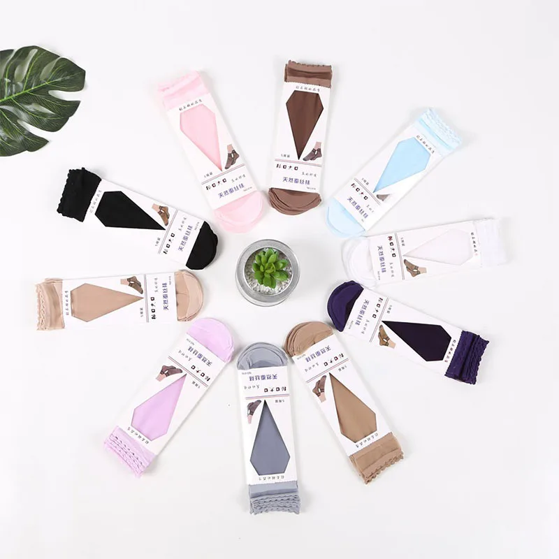 10Pairs Women Nylon Socks Set Floral Trim Tulle Sock Summer Ultra-thin Semi-Sheer Mid Tube Girls Sock Crystal Silk Ladies Sox