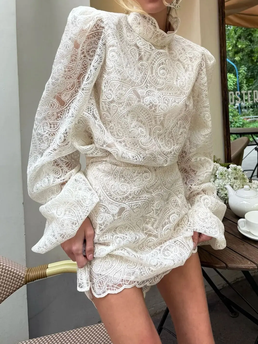 

Women Lace Embroidery 2-Piece Set Lantern Sleeve Stand Collar Shirt + High Waist A-Line Mini Skirt Elegant Ladies Suit