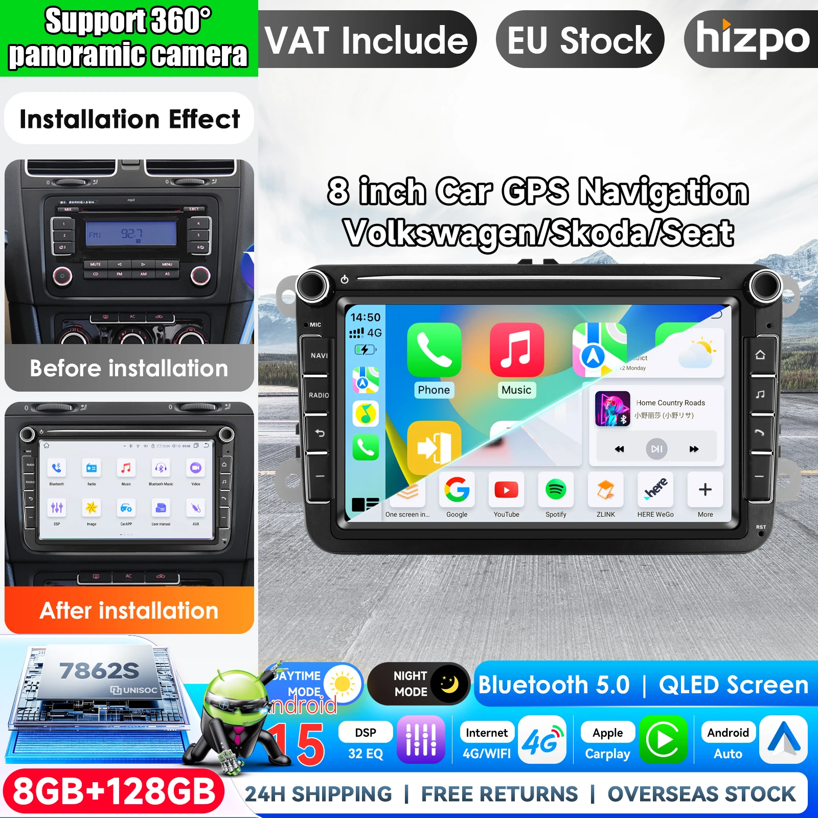 Autoradio Android Hizpo 7 pouces pour VW Volkswagen Golf Polo Skoda Rapid Octavia Radio Tiguan Passat b7 Jetta Lecteur multimédia Carplay 2Din Stéréo Autoradio Navigation GPS Systèmes intelligents AI pour voiture Autoradio Vidéo Stéréo Audio Écran tactile QLED WiFi