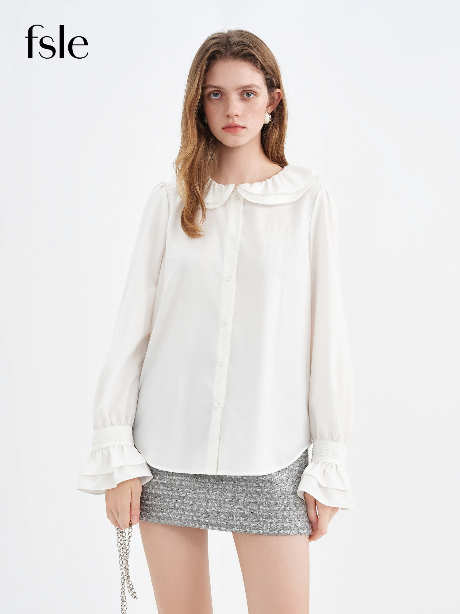 FSLE 2025新作 レディース ダブルレイヤー ピーターパンカラー 刺繍ブラウス スイート ヴィンテージ シャツ エレガント レイヤリングトップ シャツ