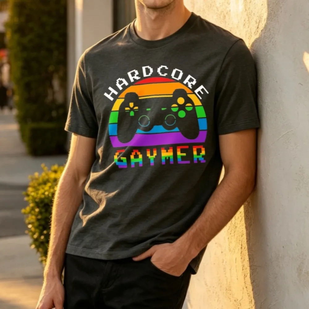 New Hardcore Gaymer Rainbow Tshirt Unisex Retro LGBTQ Pride Gaming Dark Gray Short Sleeve Crew Neck Casual Streetwear Funny Gift