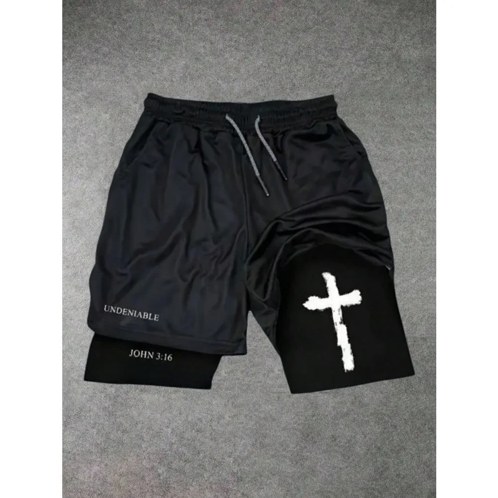 Men's Street Fashion Cross Print Knit Drawstring Shorts 2 in 1 Sports Shorts Great for Fitness Basketball Activities Drawstring