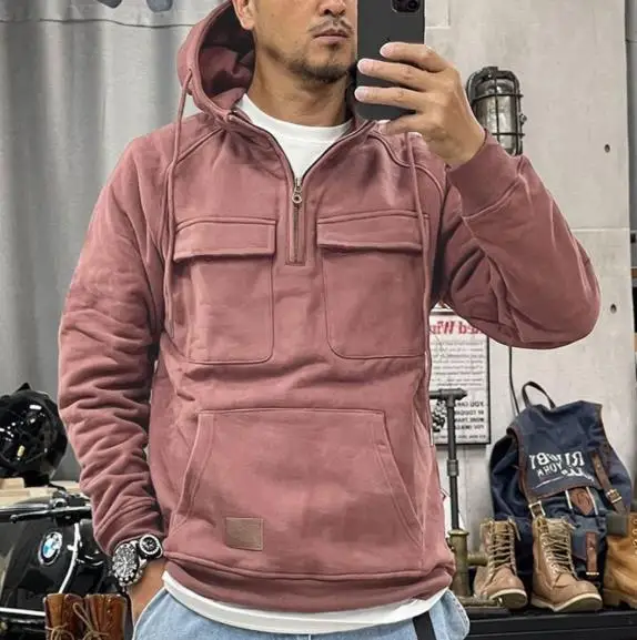 

2025 Spring and Autumn New Men's Hooded Solid Color Hoodie Youth Sports Multi Pocket Adhesive Leather Hoodie