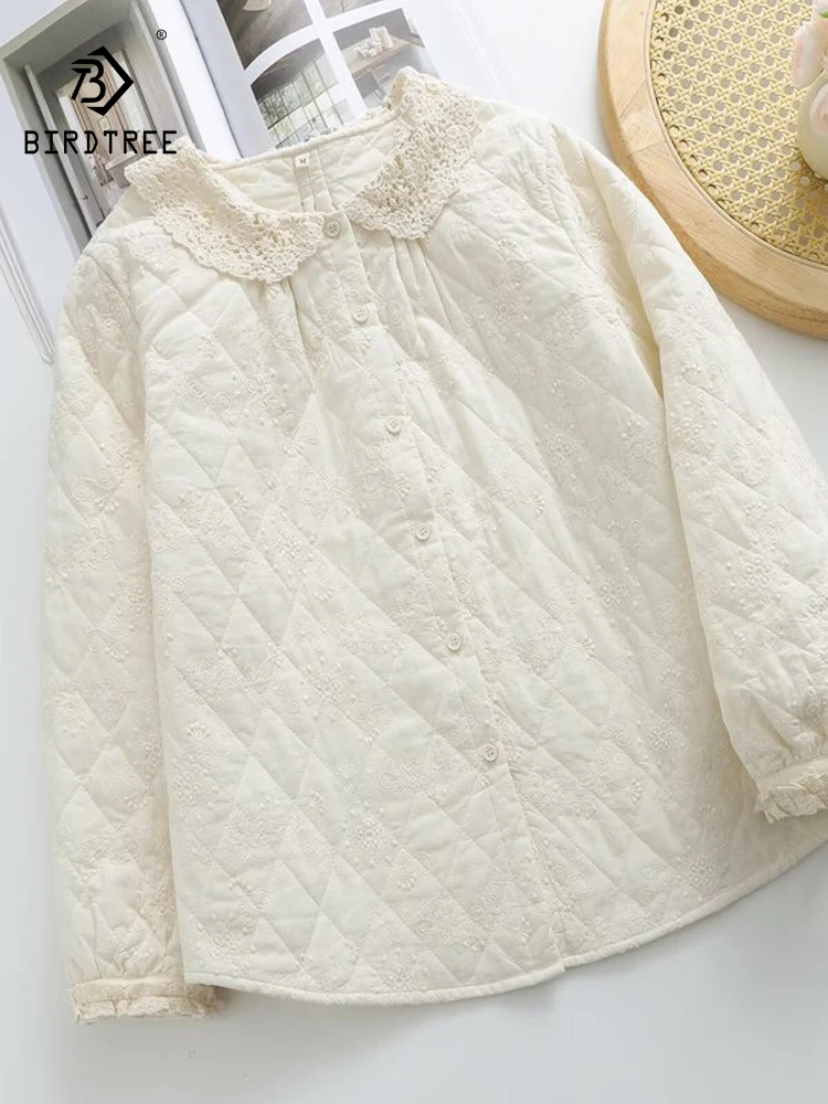 

New 2025 Winter Cotton Padded Long Sleeve Shirt, Women Lace Peter Pan Collar, Mori Girl Perppy Style Warm Loose Blouse T5D481CC