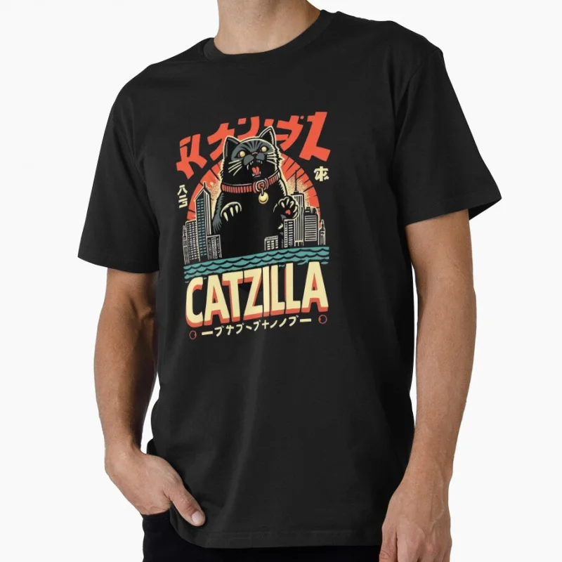 

Art Japanese Sunset CATZILLA Cat Monster kitty funny t shirt 100% cotton printed y2k clothes All size Tops S-6XL cartoon Tee