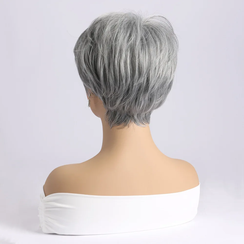 Synthetic Short Straight Wig for Women Wigs With Bangs Silver Grey Wig Daily Use Heat Resistant Fiber