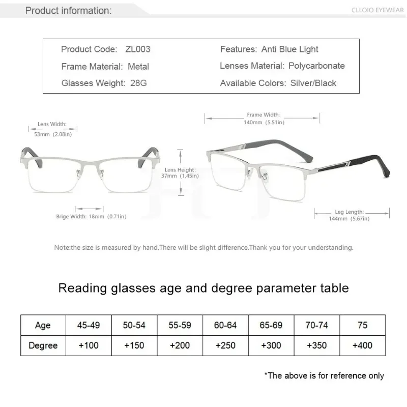 Men Reading Glasses Business Presbyopia Glasses Metal Frame Anti Blue Light Eyeglasses Unisex Clear Glasses