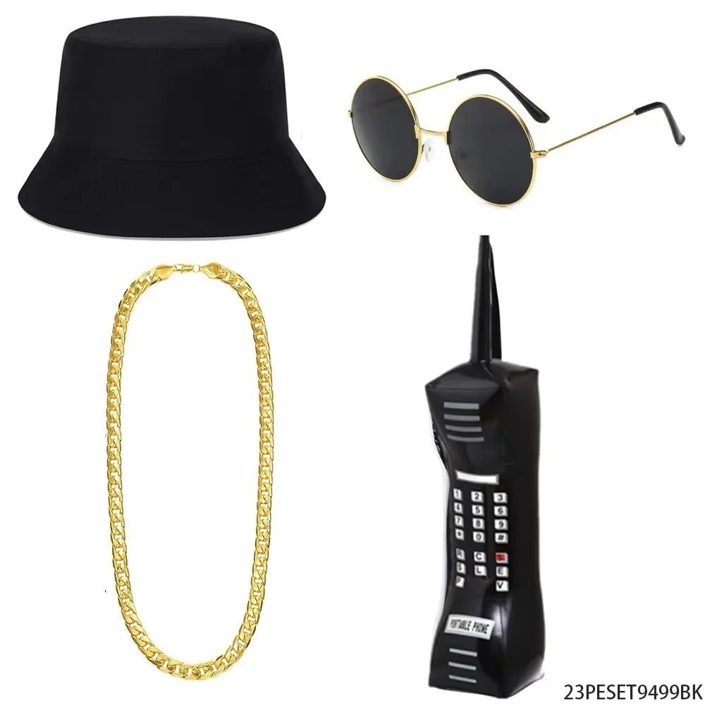 PESENAR Conjunto de fantasia retrô hip hop dos anos 90, chapéu balde, óculos de sol, corrente dourada, retrô, acessório de festa para celular