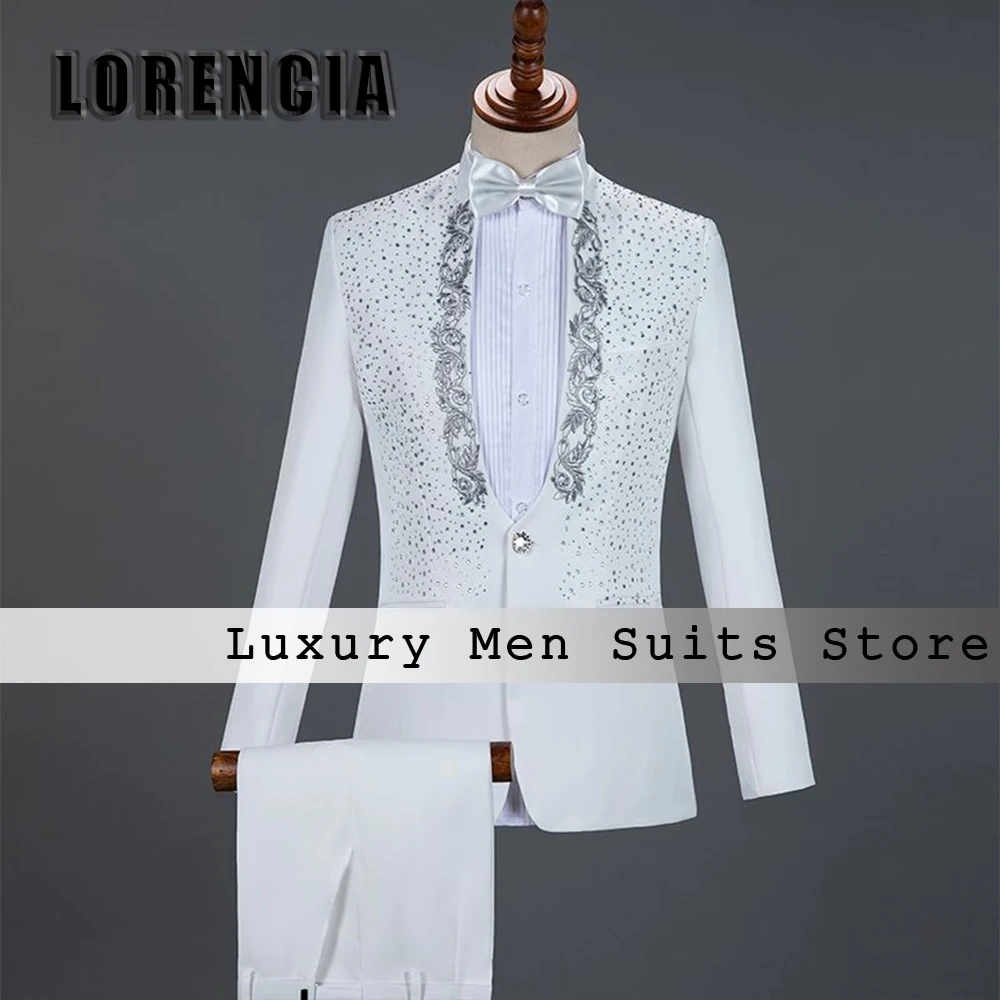 

Luxury Sparkly Crystal Male Suit 2 Pieces Single Breasted Tuxedos Wedding Party Outfits Customized Blazer Pants fatos de homem