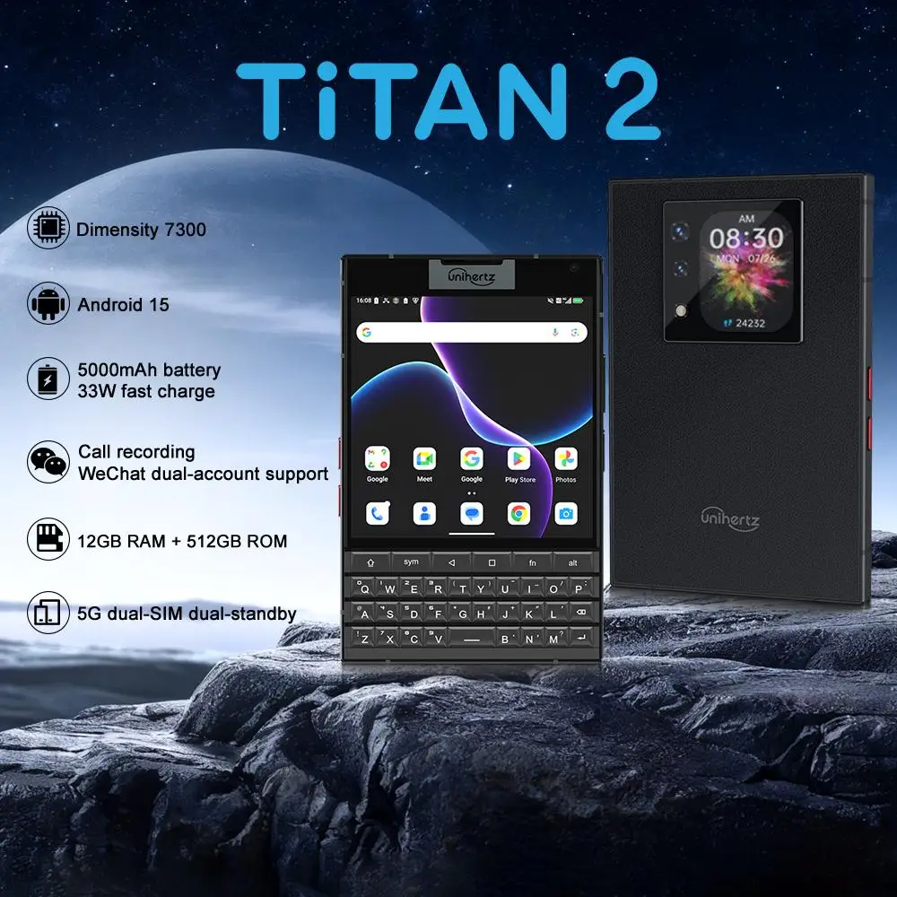 Unihertz Titan 2 Smartphone 5G Android 15 with Physical Keyboard 12GB+512GB 4.5" Android 15 Dimensity 7300 5G NFC 50MP Camera