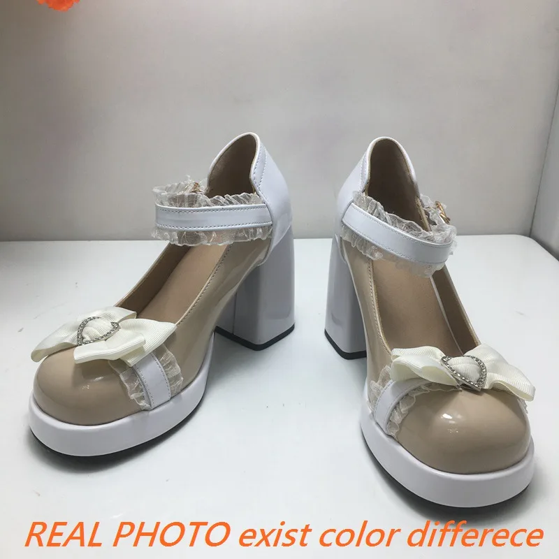 ASILETO Sweet Lolita Girls Pumps Round Toe Block Heels 9.5cm Platform Buckle Strap Bowknot 42 43 Pink Women Shoes Mixed Color