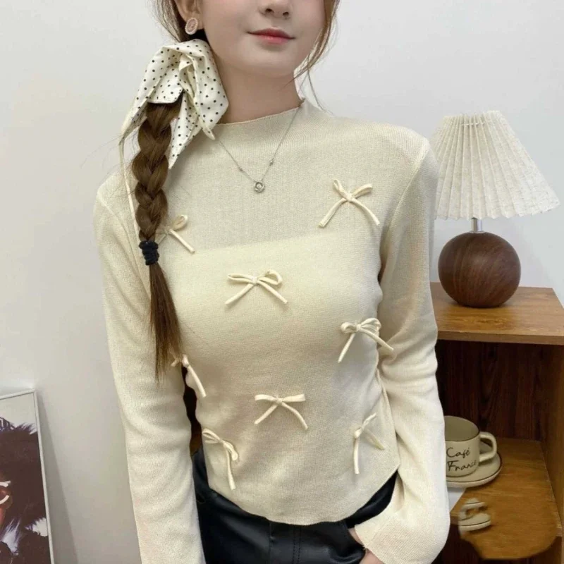 Long Sleeve Knitted Pullovers Women Bow Design All-match Sweet Daily Skin-friendly Faddish Elegant Gentle Ulzzang Basic Clothing