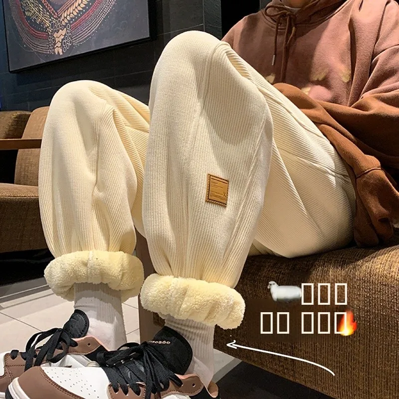 

Мужские зимние утепленные спортивные брюки из вельвета, модные повседневные штаны для студентов, свободные прямые брюки с манжетами