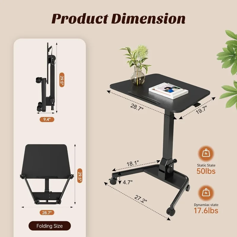 Foldable Mobile Standing Desk, Pneumatic Height Adjustable Rolling Sit Stand Desk, 90° Tiltable Portable Laptop Desk on Wheels