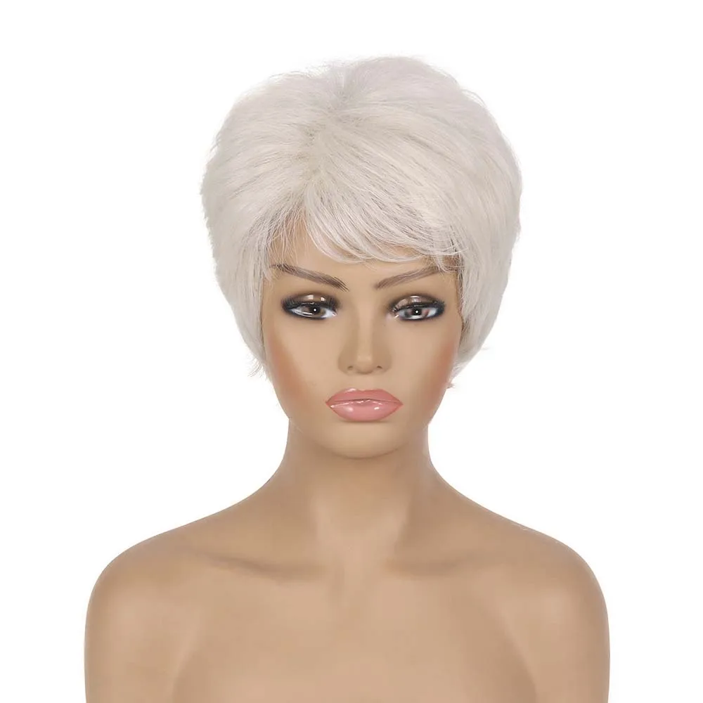 Short White Synthetic Wig Ombre Fluffy Pixie Cut Wig With Bangs For Women Natural Daily Wear Wig