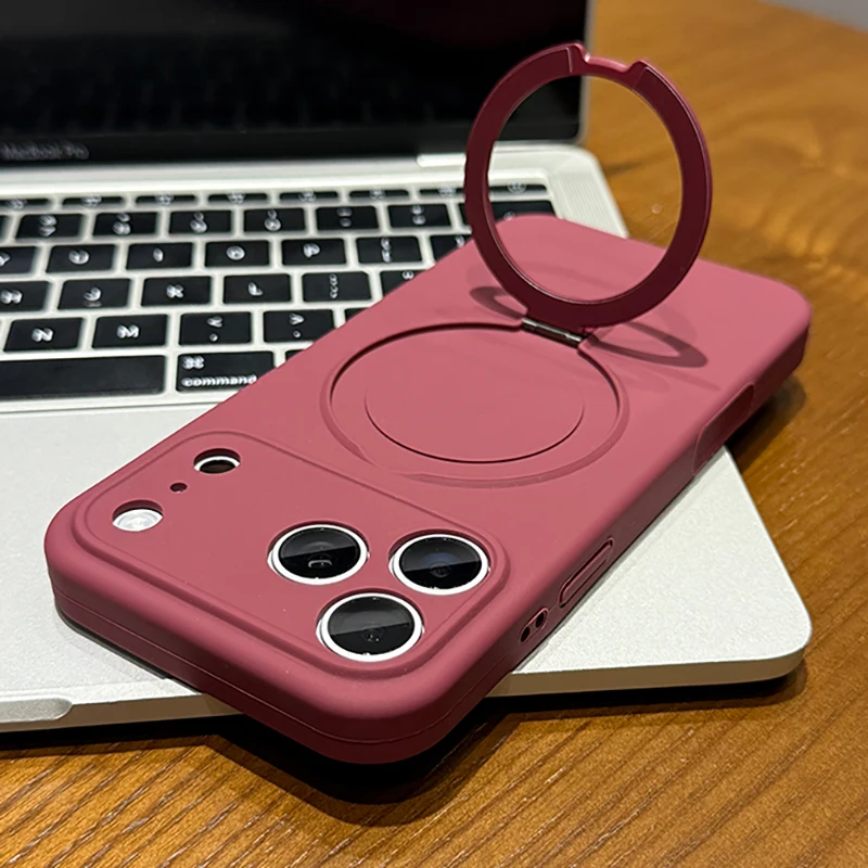 Metal Magnectic Kickstand Case for iPhone 17 Air 16 15 14 Plus 13 12 Pro Max 11 For Magsafe Charge Liquid Silicone Soft Cover