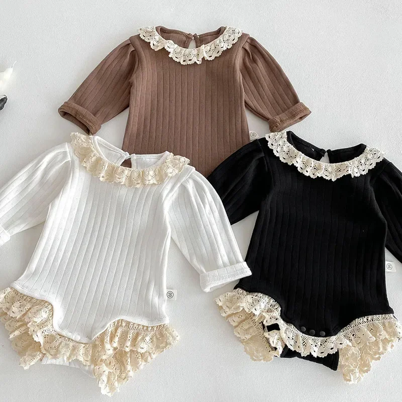 2025 Spring Baby Girls Clothes 0-2 Y Infant Lace O-neck Bodysuit Toddler Long Sleeve One Piece Sweet Baby Girls Jumpsuit