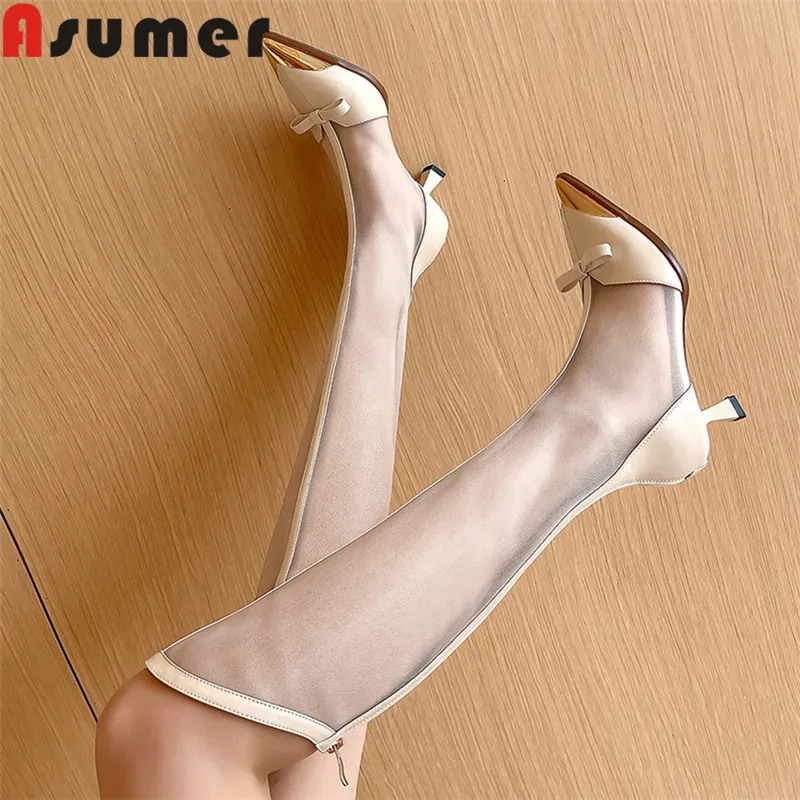 

ASUMER 2024 New Genuine Leather Knee High Boots Butterfly Knot Thin Med Heels Women Boots Zipper Ladies Summer Mesh Boots