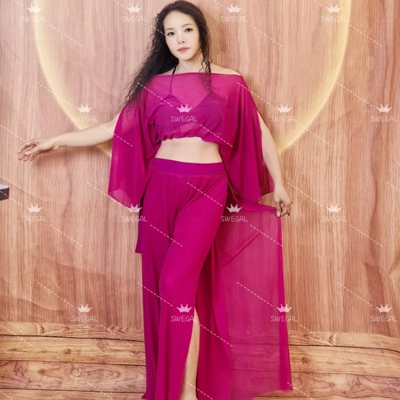 

Индивидуальный тренировочный наряд для танца живота Брюки для восточных танцев Сетчатые сетчатые рукава с разрезом «летучая мышь» и широкие брюки из двухслойной сетки