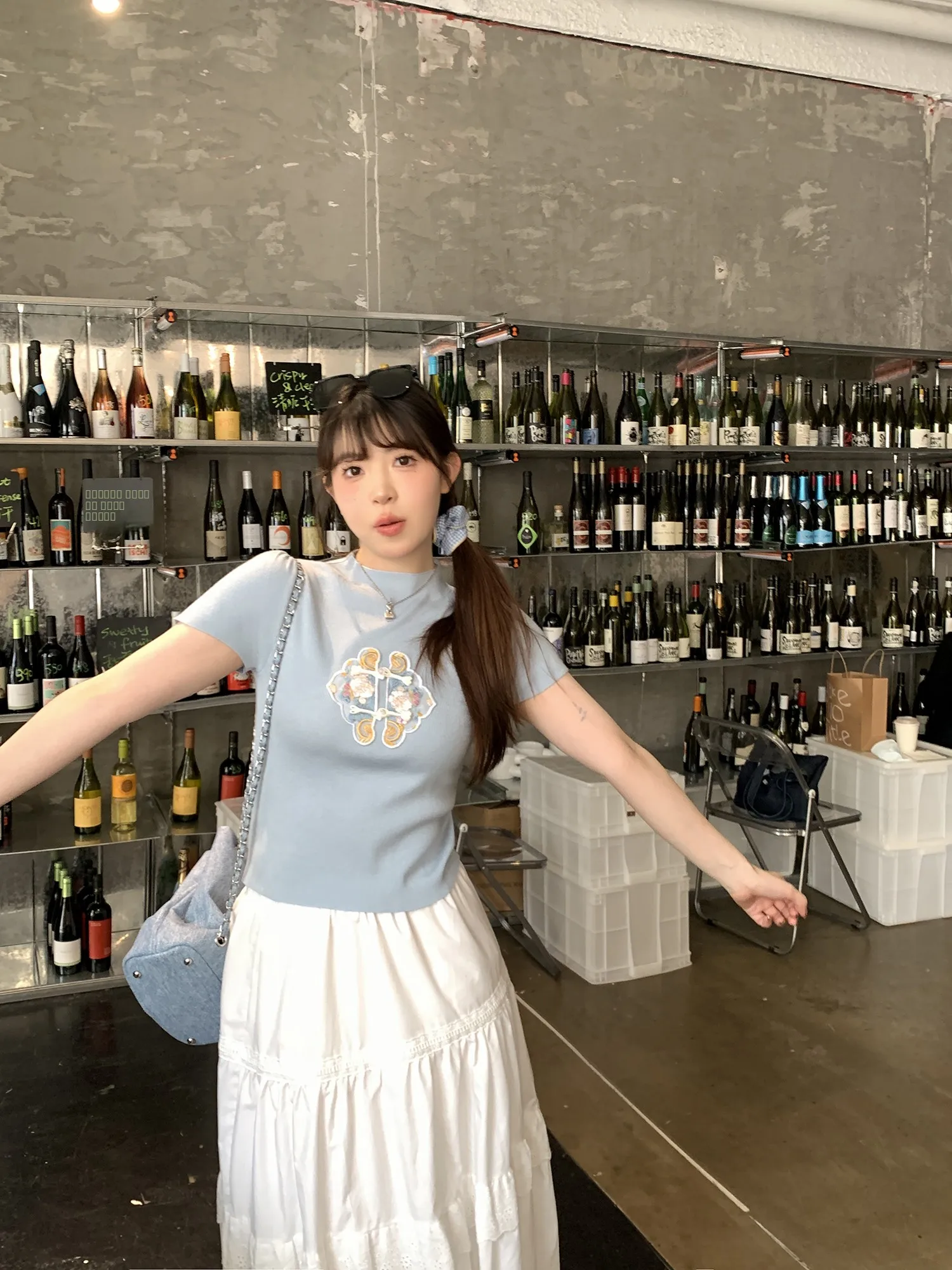 

XSMM Chinese Sle round Ne Embroidered Knitted ort Sve T-irt Women's Top Spring Summer New Arrival Floral Pattern C...